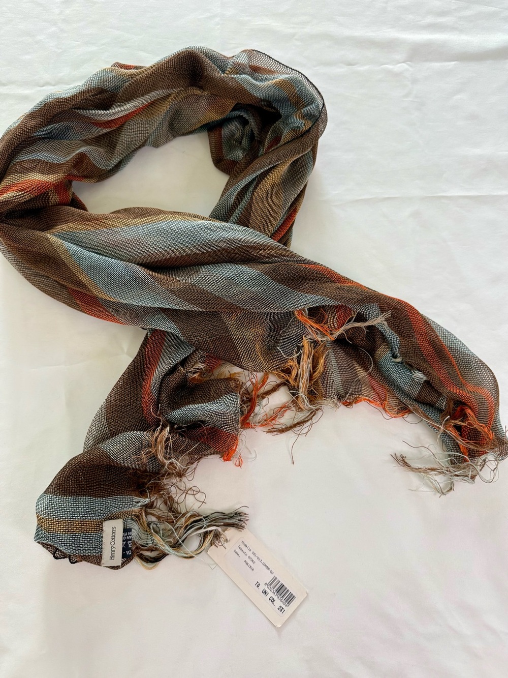 Henry Cotton's Lightweight Woven Stripe Scarf in Brown, Blue & Orange